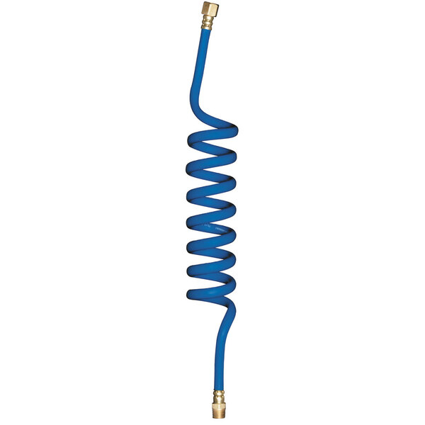 A blue Dormont water connector hose with a gold metal connector.