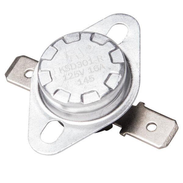 An Avantco manual thermostat with a metal cover and holes.