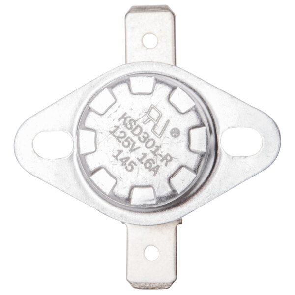 A close-up of a round metal Avantco thermostat with holes in it.