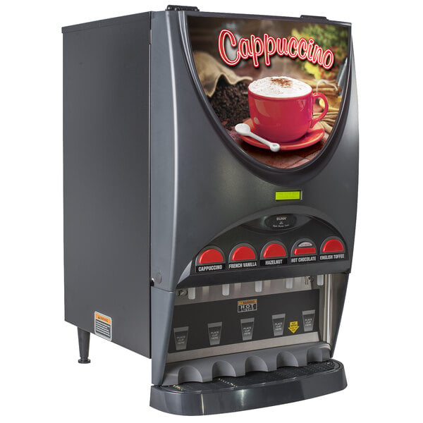 A Bunn iMIX-5 powdered cappuccino dispenser with a cup of cappuccino on top.