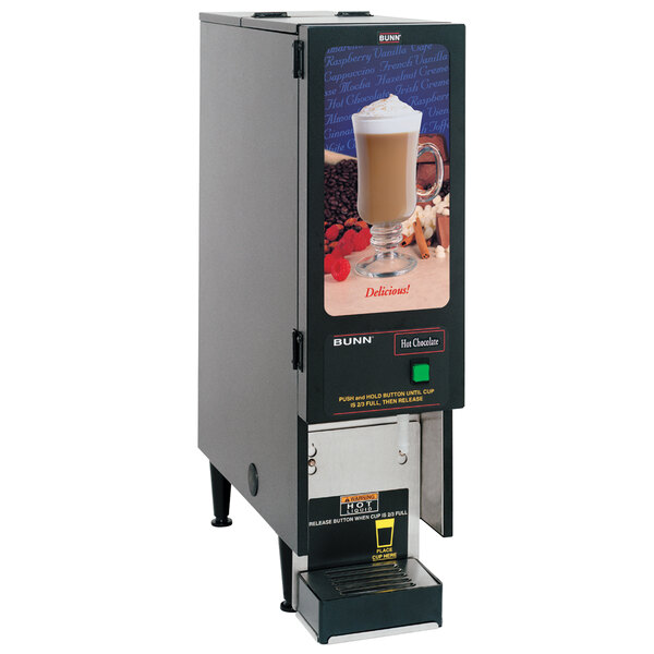 A Bunn Fresh Mix cappuccino machine with a glass of cappuccino on top.