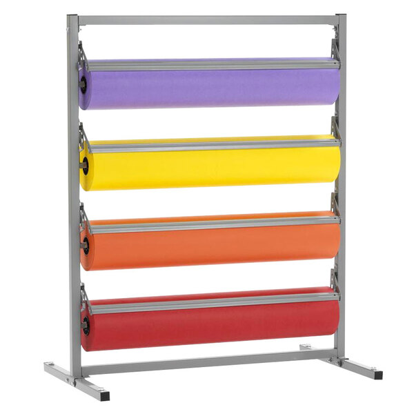 A Bulman metal rack with colorful paper rolls on it.