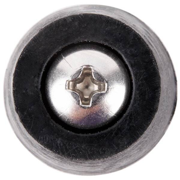 A close up of a metal screw with a white background.