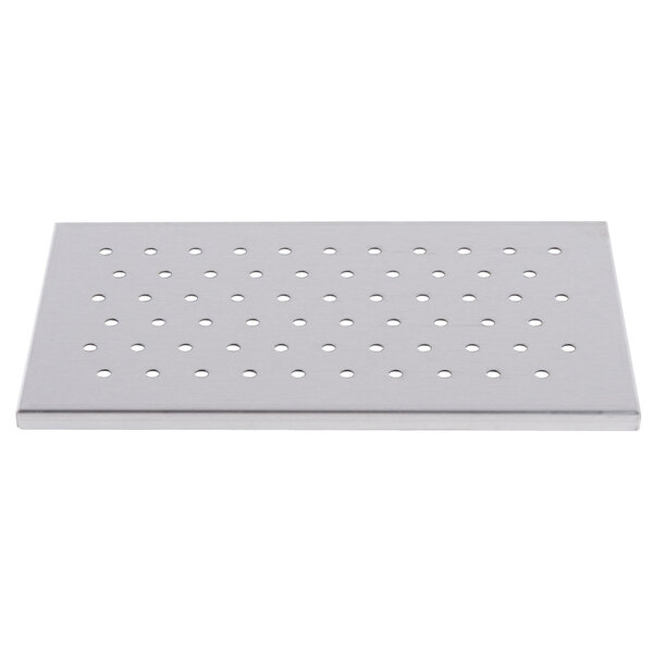 A silver metal rectangular lid with holes.