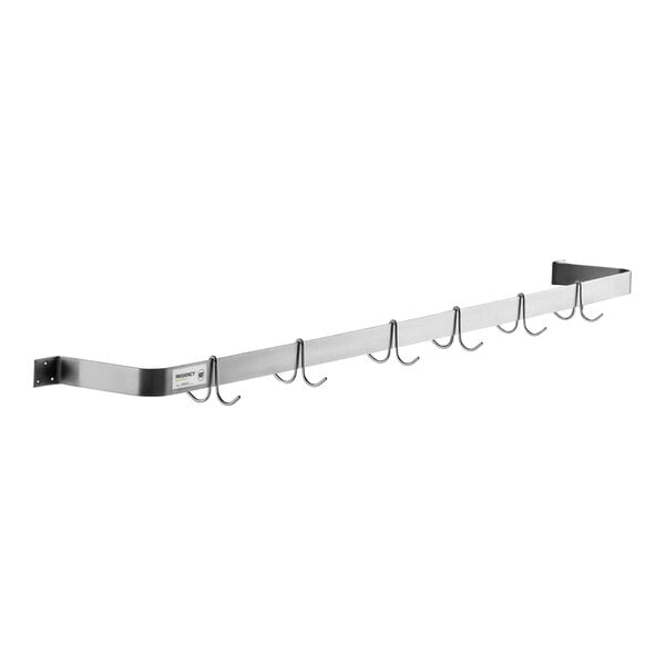 A long stainless steel wall-mounted pot rack with six double prong hooks.