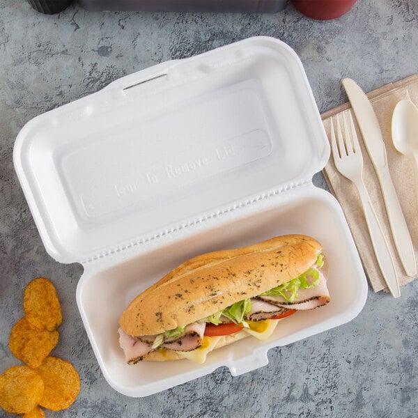 Dart 99HT1R 10" x 5 1/2" x 3" White Foam Hoagie Take Out Container with Perforated Hinged Lid - 125/Pack