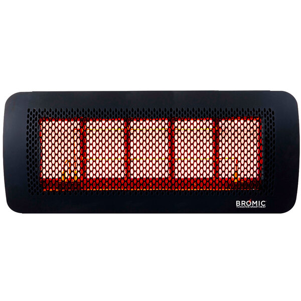 A close-up of the black rectangular heater with red and white mesh.