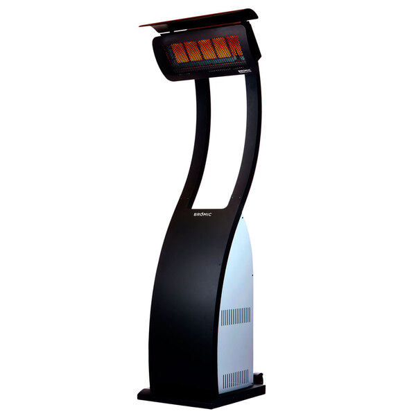 A black and white Bromic Heating Tungsten Smart-Heat patio heater with a curved top and screen.