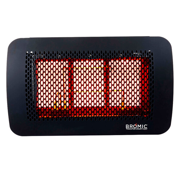 A black rectangular Bromic Heating patio heater with red mesh.