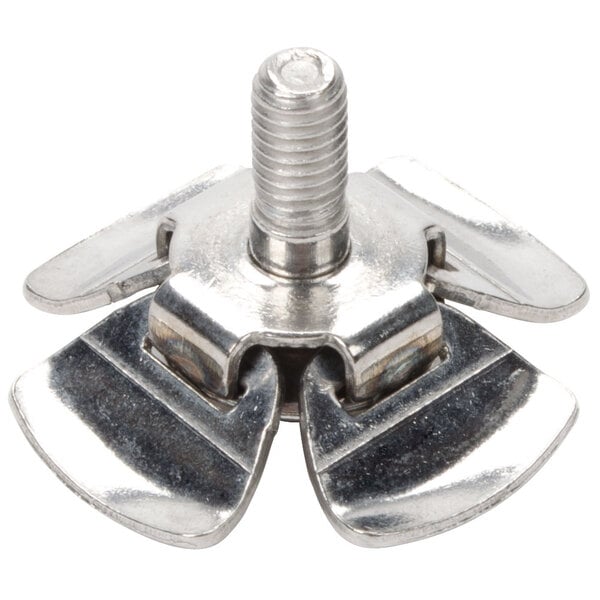 A metal Waring drink mixer agitator screw with a metal nut on top.