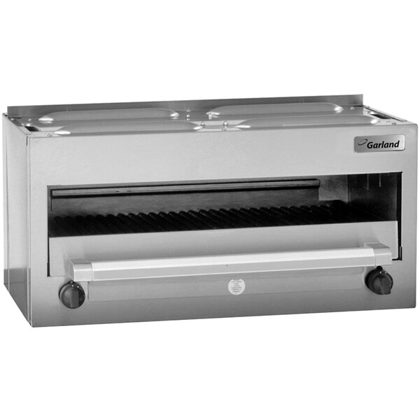 A silver stainless steel Garland MSR16 Master Series Salamander Broiler with a door.
