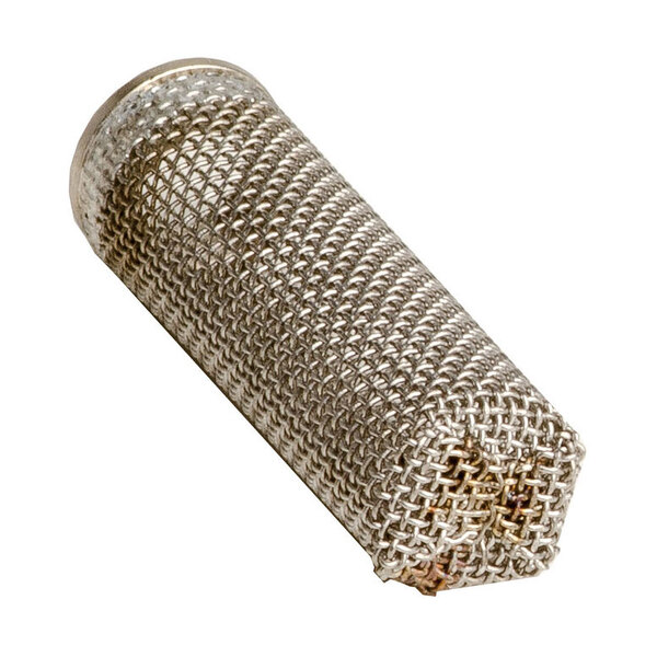 A close-up of a metal mesh filter with a metal tube.