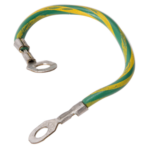 A green and yellow cable with metal rings.