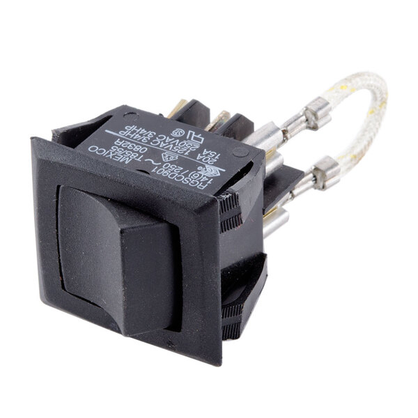 A black toggle switch with silver wires.