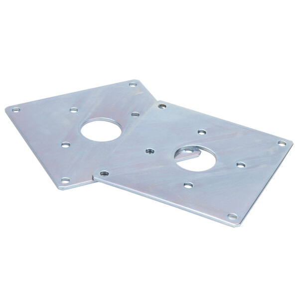 Two Waring metal motor plates with holes.