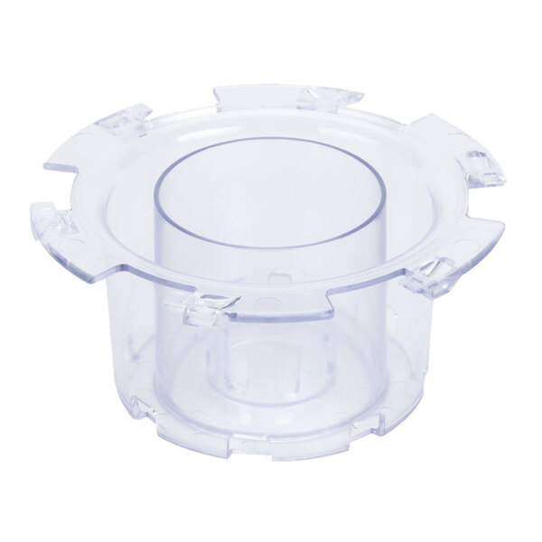 A clear plastic container with a round top and a hole in the center.