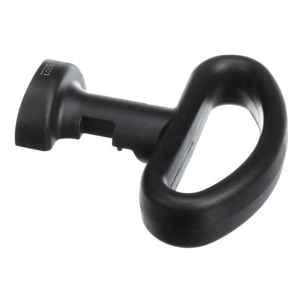 A black plastic handle with a black plastic knob over a white background.