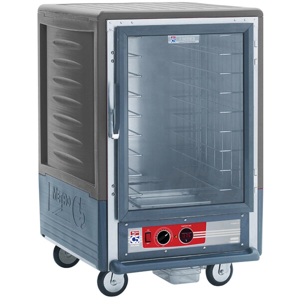A large grey Metro C5 heated holding cabinet with clear door.