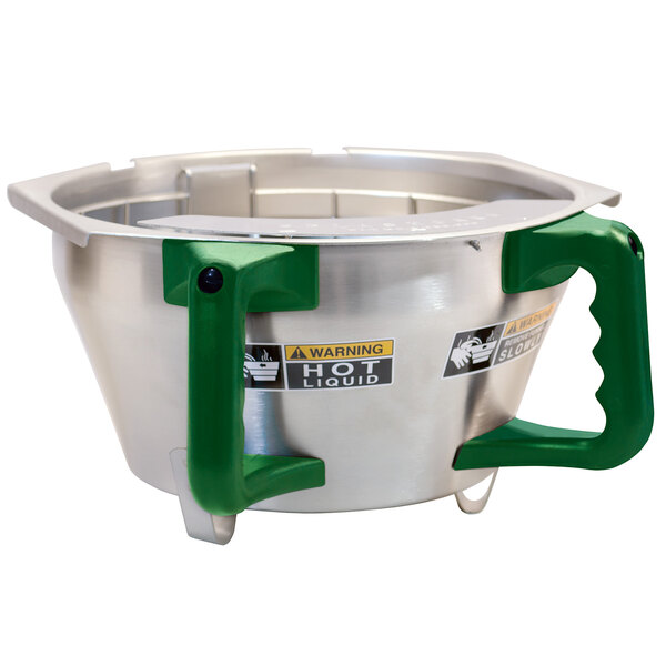 A stainless steel Bunn funnel assembly with a green handle.