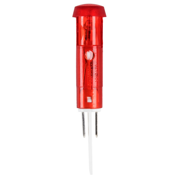 A red plastic object with a white background.