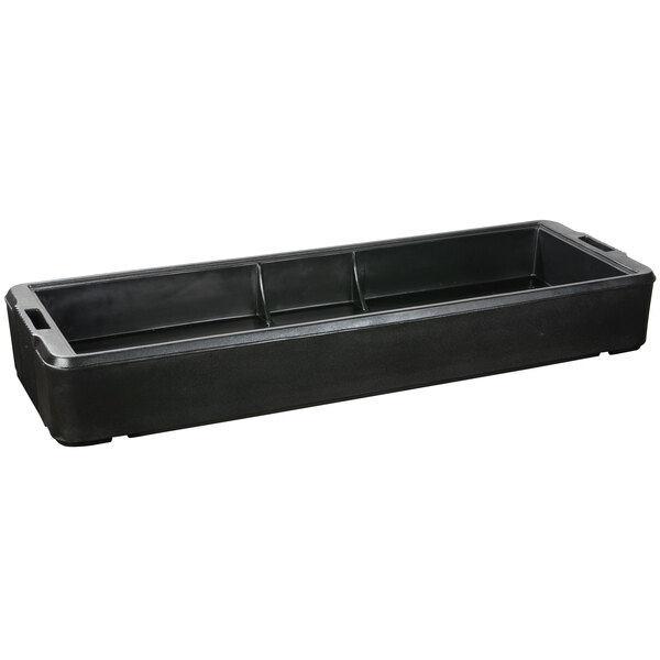 A black rectangular plastic basin with handles.