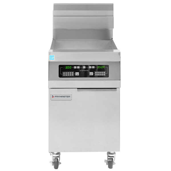 A Frymaster liquid propane gas fryer with a stainless steel top and wheels.