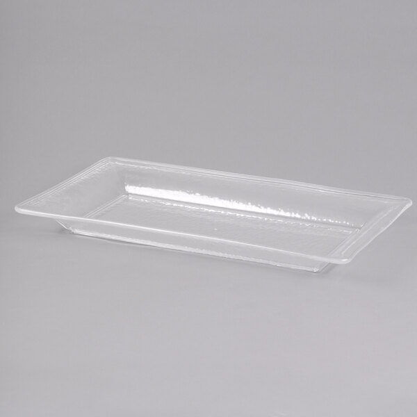 An American Metalcraft clear rectangular styrene platter with a handle.