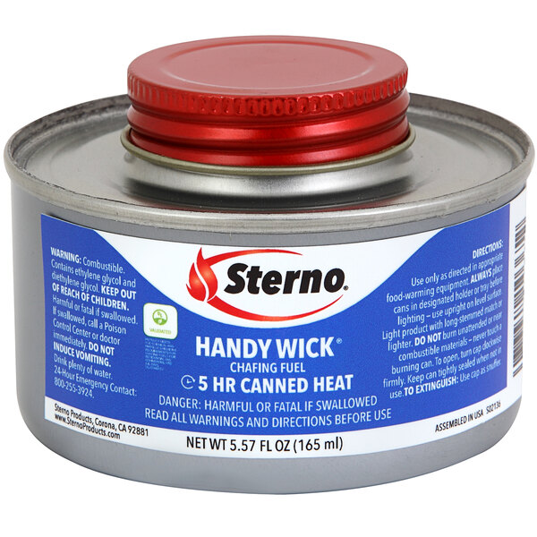 A case of 36 Sterno Handy Wick chafing dish fuel cans with safety twist caps.