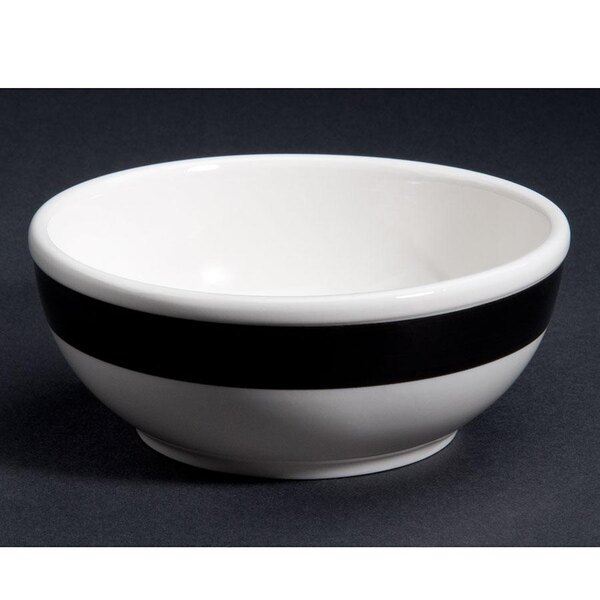 A white stoneware nappie bowl with black stripes.