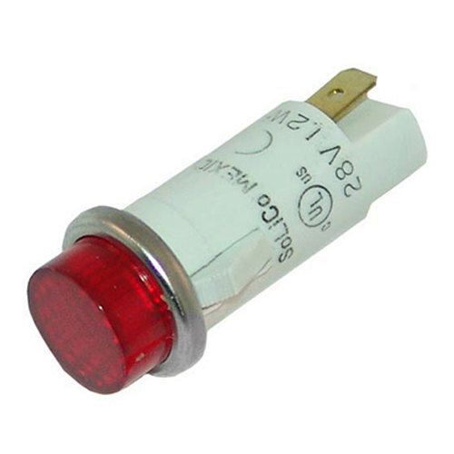 A close-up of a Waring red indicator light with a metal ring on a white background.