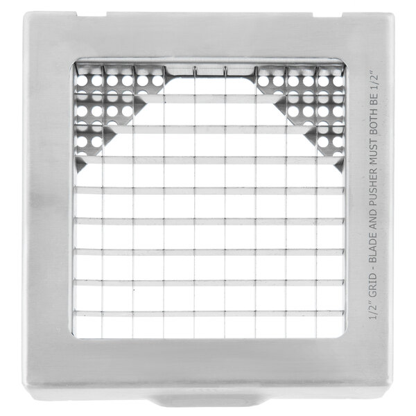A square metal grid with holes.