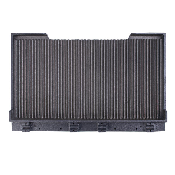 A black rectangular Waring grill plate with grooves on the bottom.