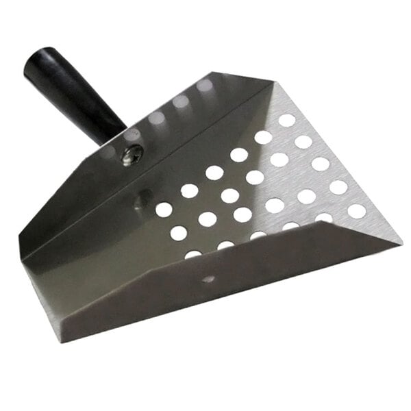 A Paragon stainless steel scoop with holes on the bottom.
