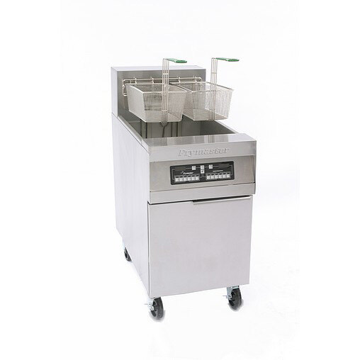 A Frymaster electric floor fryer with automatic basket lifts and CM3.5 controls.