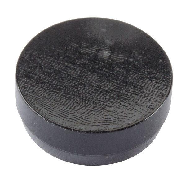 A black circular object with a textured surface.