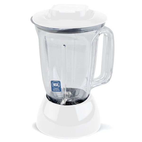 A close-up of a Waring commercial blender with a clear jar and white lid.