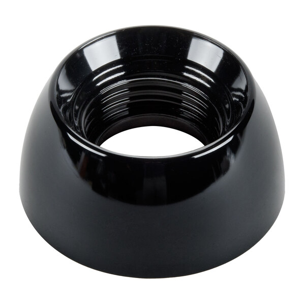 A black plastic bowl with a hole in it.