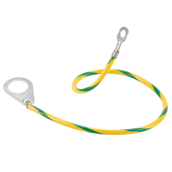 A yellow and green Waring lead assembly wire with a metal hook.