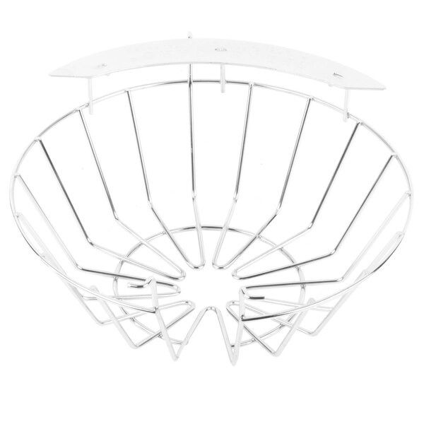 A metal wire basket with a white splash guard.