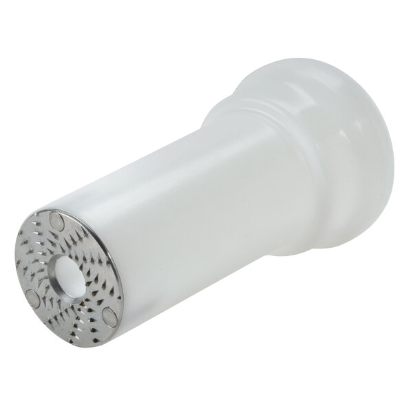 A white plastic plunger with a silver metal top.