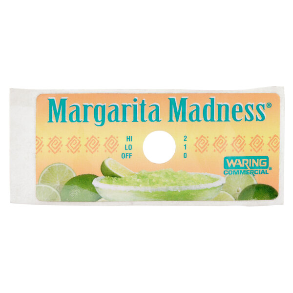 A Waring label with a picture of a margarita, lime and blue lettering.