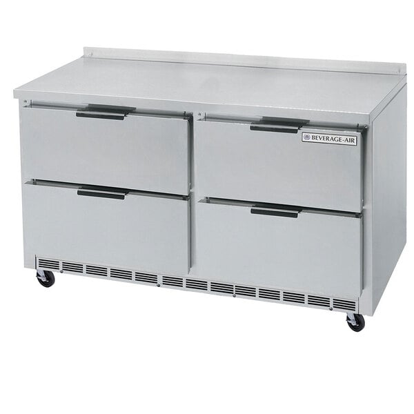 A Beverage-Air stainless steel worktop refrigerator with four drawers.