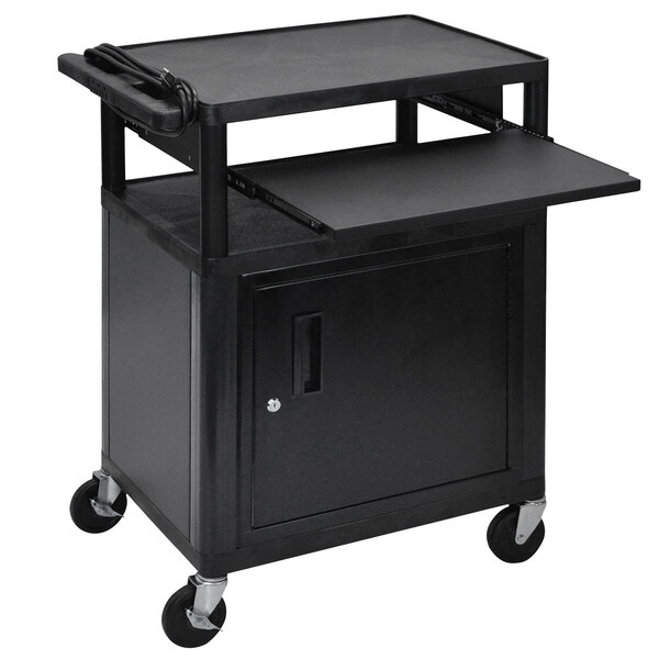 A black Luxor AV cart with steel locking cabinet and 3 shelves.