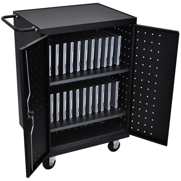A black metal Luxor laptop charging cart with shelves and doors.