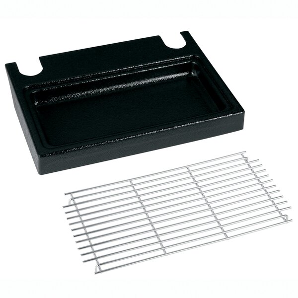 A black rectangular Bunn drip tray with a wire rack.