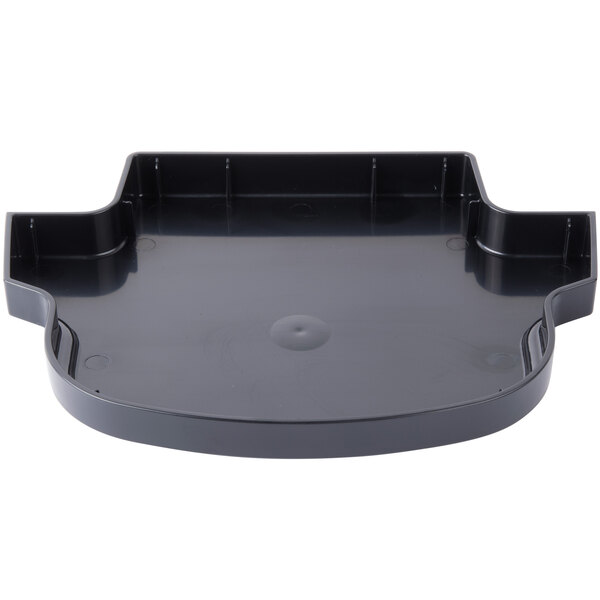 A black plastic Bunn drip tray with a curved edge and holes.
