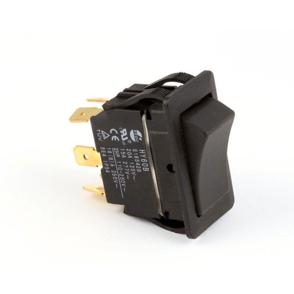 A black toggle switch with gold pins and a black plastic cover.