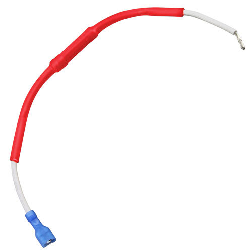 A red and white cable with blue end caps.