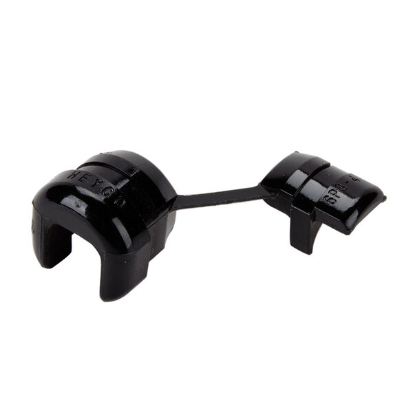A pair of black plastic clips with a black strap.