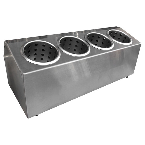 A stainless steel countertop condiment dispenser with four holes.
